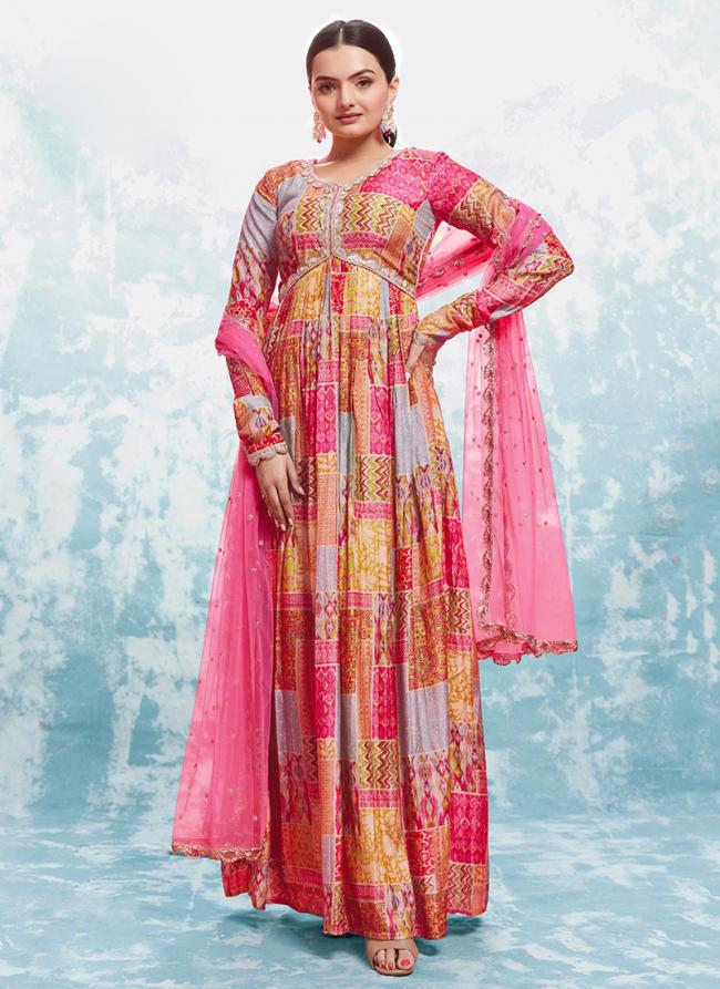 Muslin Pink Party Wear Printed Readymade Gown